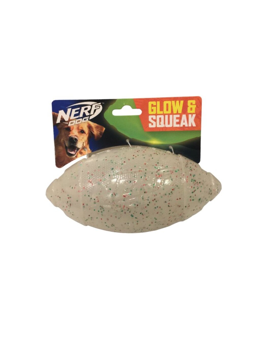 NERF DOG Glow & Squeak Holiday Red Green Sparkle 8" Football Dog Toy